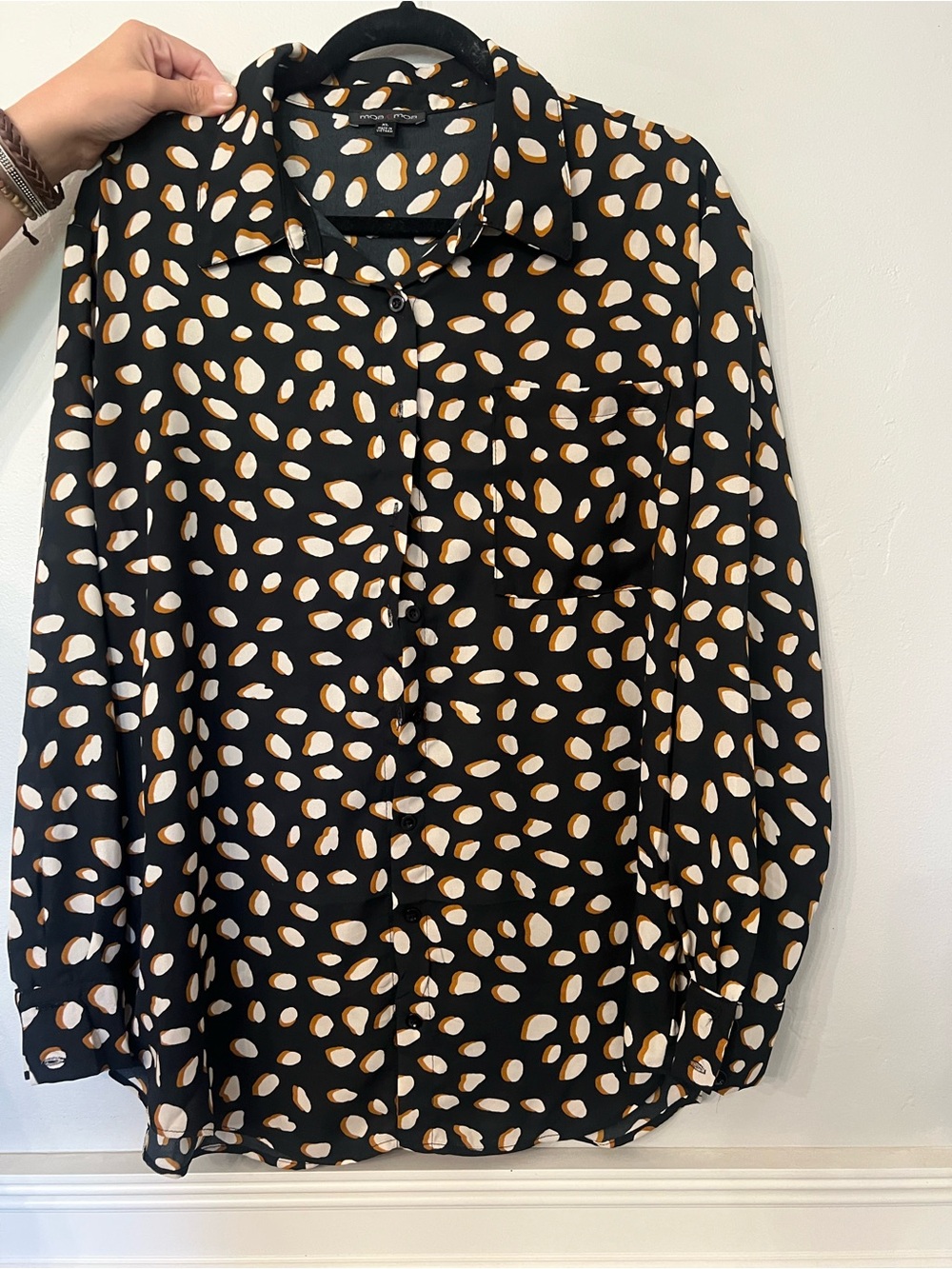 Moa Moa Black Button-Down Blouse with Cream and Tan Spot Print